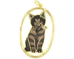 Behave Hanger goud kleur poes kat zwart bruin emaille 4,5 cm
