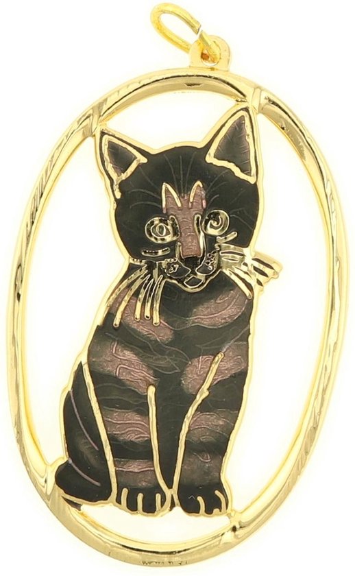 Behave Hanger goud kleur poes kat zwart bruin emaille 4,5 cm