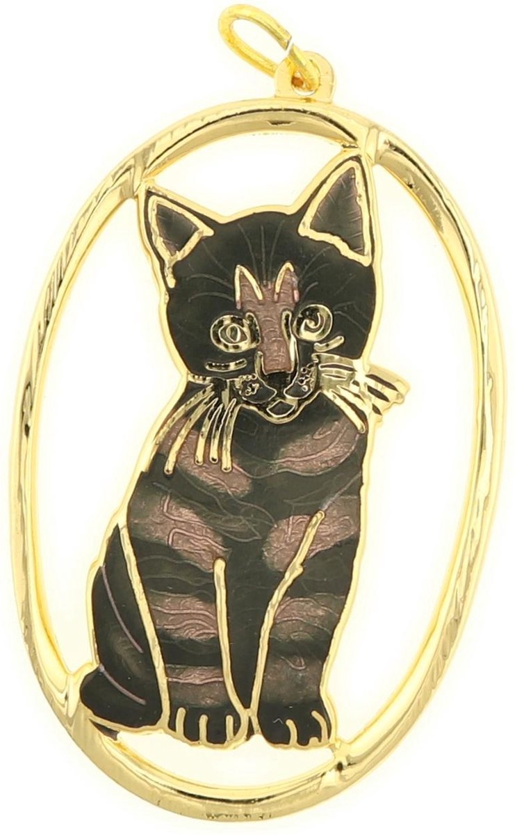 Behave - Hanger poes zwart bruin emaille goudkleur - speelse dierstijl