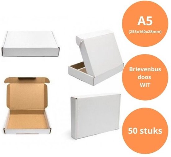 50 stuks Brievenbusdoos 255 x 160 x 28 mm (A5+) - Wit - verzenddoos - postdoos