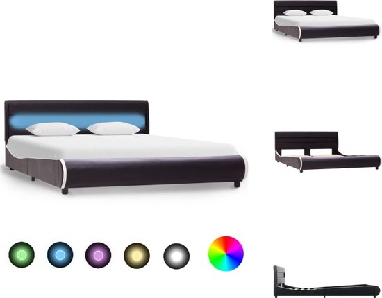 vidaXL Bedframe - Kunstleren bekleding - 217 x 166 x 69 cm - Zwart - Geschikt voor matras 160 x 200 cm - Met LED-strip en afstandsbediening - Gepoedercoat ijzeren frame - Houten lattenbodem - USB-aansluiting - Geen matras inbegrepen - Bed