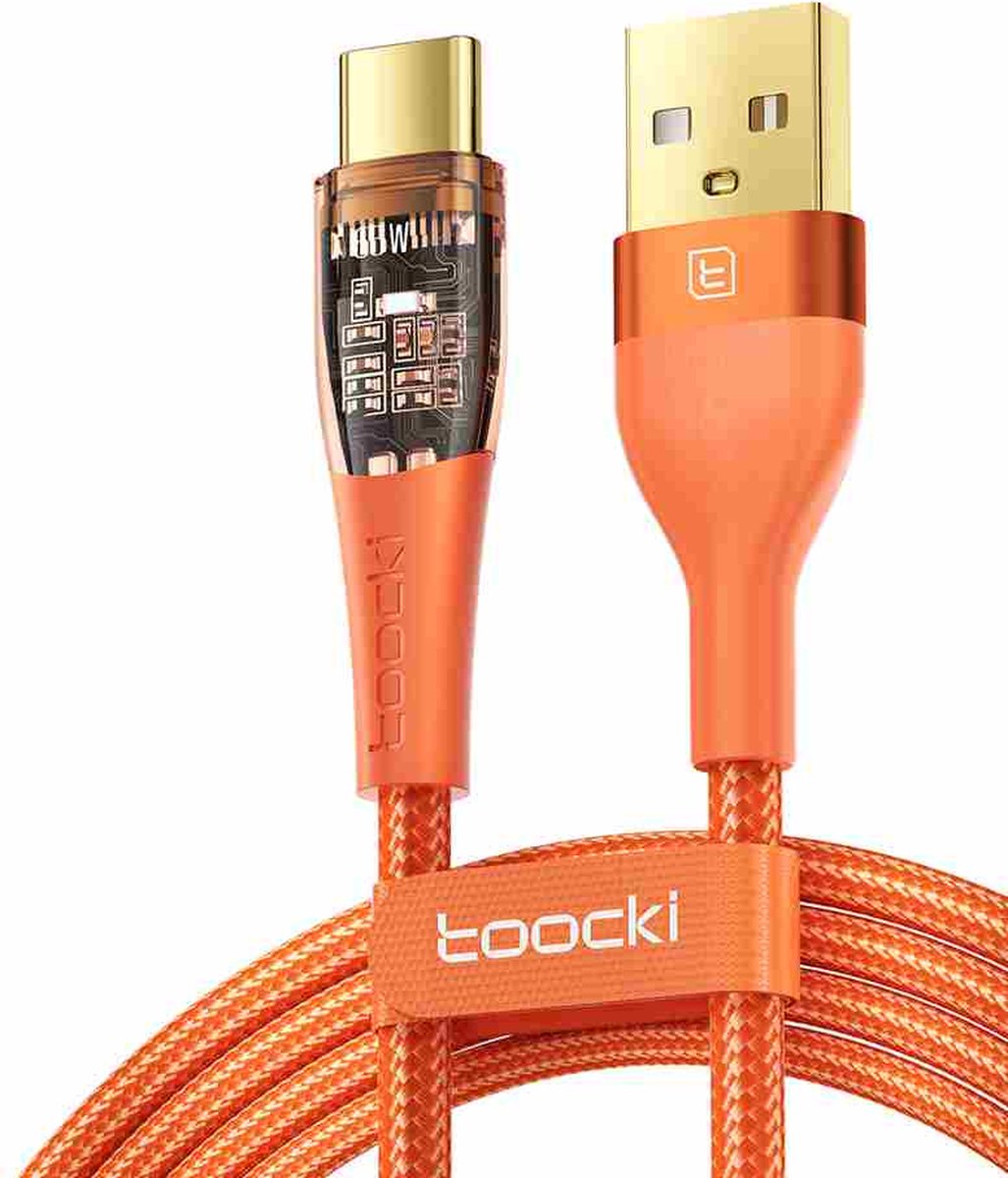 Toocki Usb C Kabel 2.0 - Ultra Fast Charging - Oplaadkabel USB-A naar USB-C - 6A - 2 Meter - Nieuw Design - Apple MacBook/iPad, Samsung Galaxy/Note, OnePlus - Tot 8 Keer Sneller - Nylon - Oranje