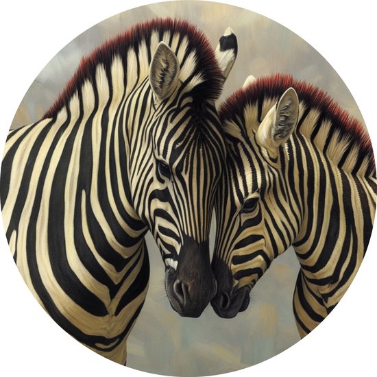 De Muurdecoratie - Twee zebra's schilderij 75x75 cm - Wanddecoratie rond - Muurcirkels - Woonkamer schilderijen - Dieren - Kantoor decoratie - Slaapkamer accessoires - Decoratie woning