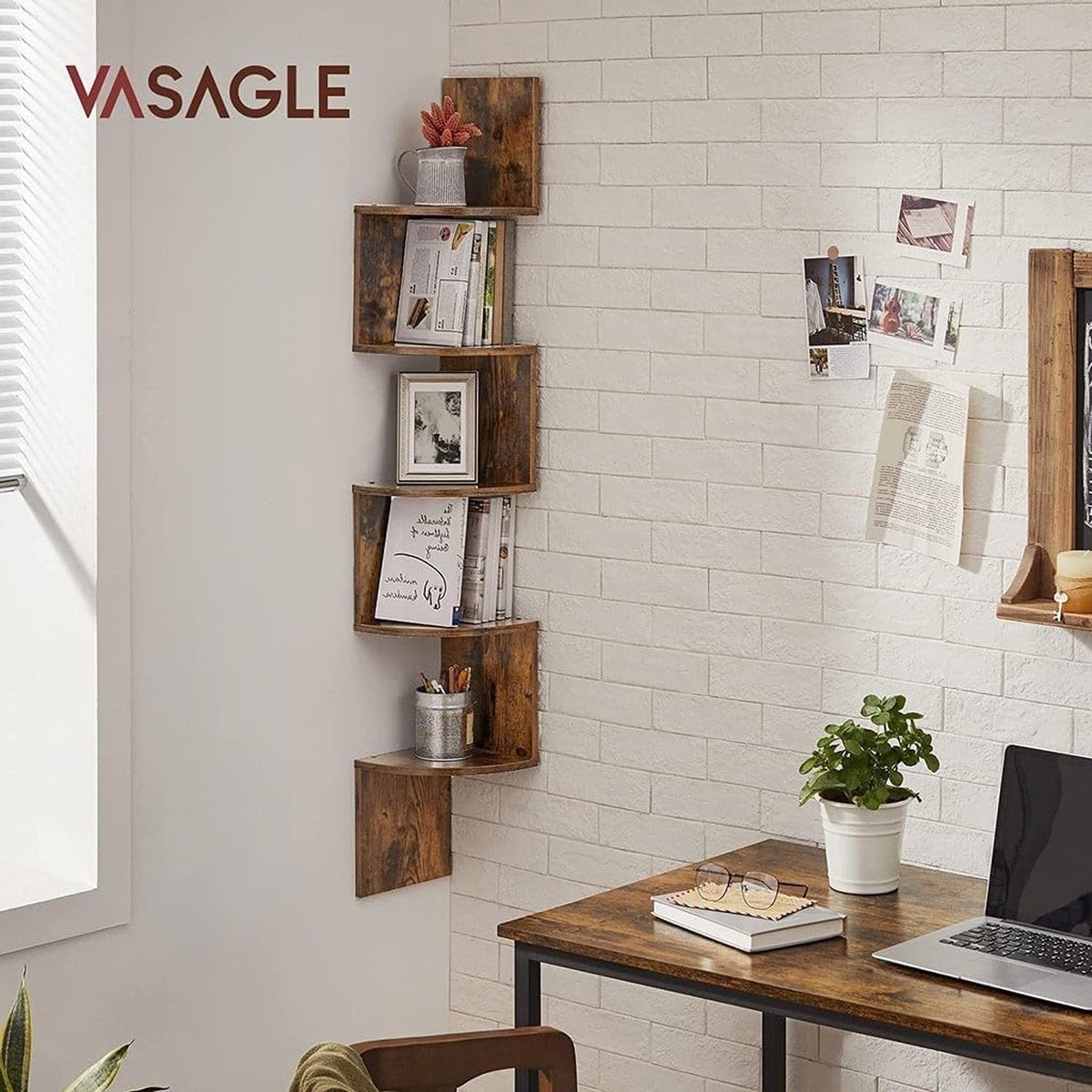 VASAGLE hoekplank, wandplank met 5 planken, zwevende plank, voor keuken, slaapkamer, woonkamer, studeerkamer, kantoor, donkerbruin LBC20BX
