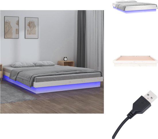 vidaXL Bedframe Massief Grenenhout - LED-verlichting - 140 x 190 cm - Wit - Bed