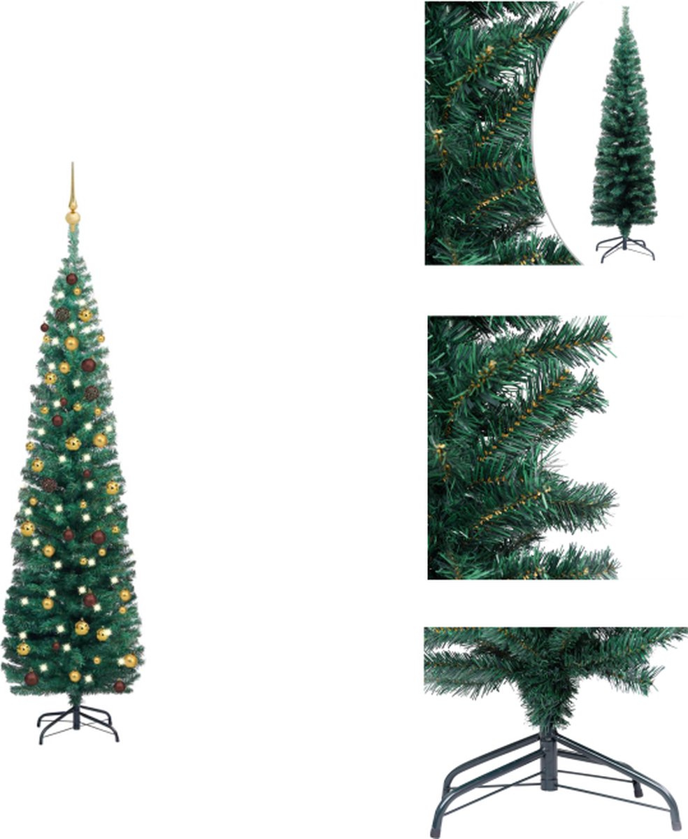 vidaXL Kunstkerstboom - Smalle PVC kerstboom 180 cm - Levensechte uitstraling - Stabiele stalen poten - Energiezuinige LED-verlichting - Inclusief kerstballen en piek - Met USB-aansluiting - Montage vereist - vidaXL - Decoratieve kerstboom
