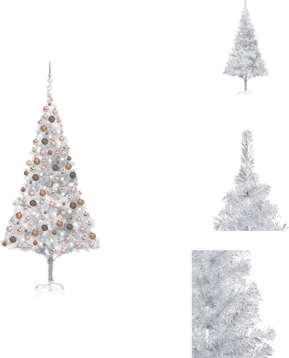vidaXL Kunstkerstboom - Glanzend zilver - 210 cm hoog - Met LED-verlichting - Inclusief kerstballen en piek - Decoratieve kerstboom