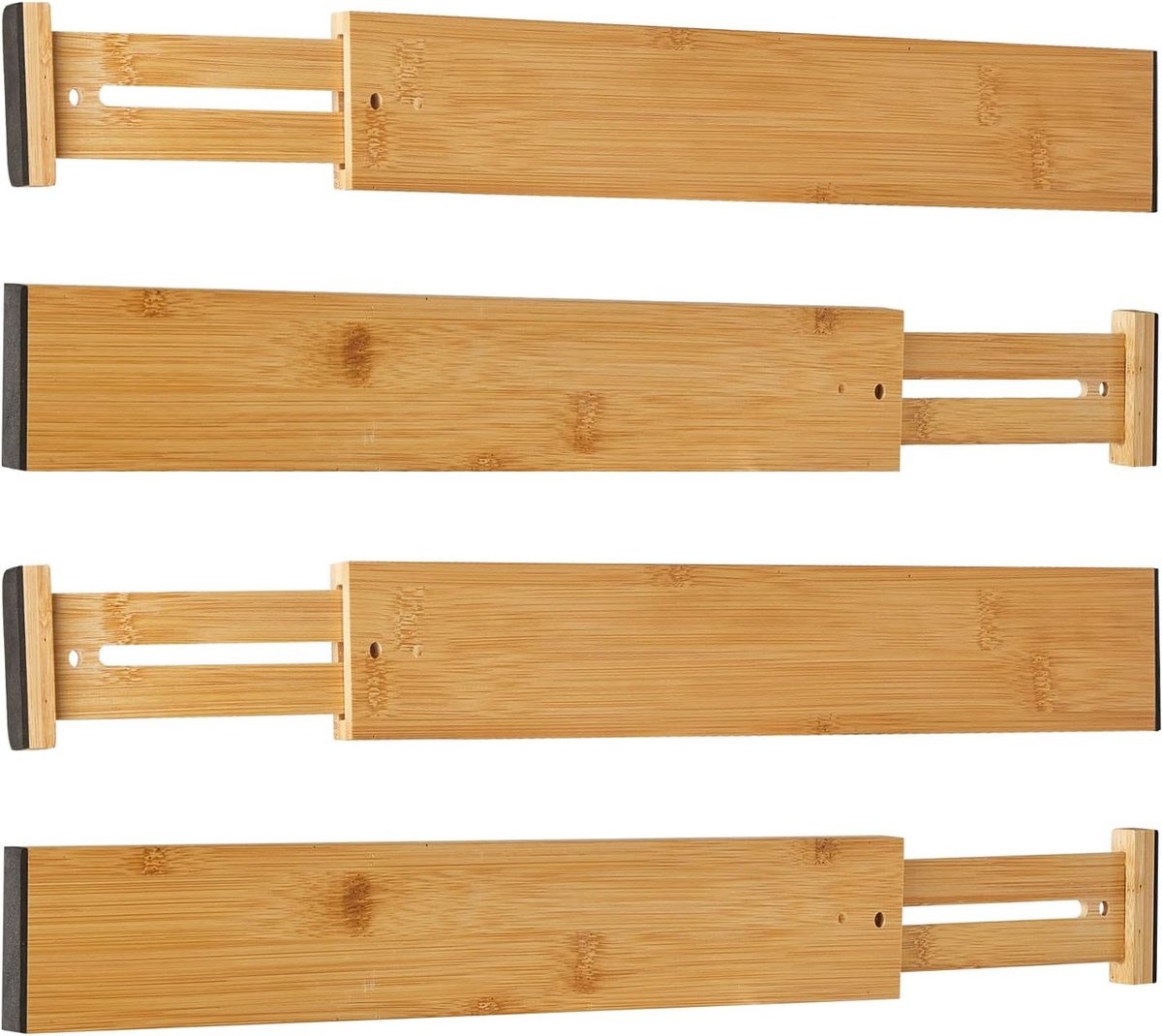 Ladeverdeler van natuurlijk bamboe ladeverdeler verstelbaar (43-56 cm) geveerde lade-opbergsysteem organizer voor keuken badkamer slaapkamer commode en kantoor set van 4