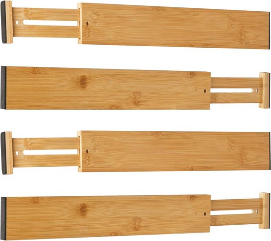Ladeverdeler van natuurlijk bamboe, ladeverdeler, verstelbaar (43-56 cm), geveerde lade-opbergsysteem, organizer voor keuken, badkamer, slaapkamer, commode en kantoor, set van 4