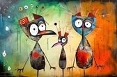 JJ-Art (Glas) 90x60 | Gekke vogels, kippen, abstract modern surrealisme, kleurrijk, kunst | dier, vogel, kip, kuiken, rood, blauw, groen, zwart, modern | Foto-schilderij-glasschilderij-acrylglas-acrylaat-wanddecoratie