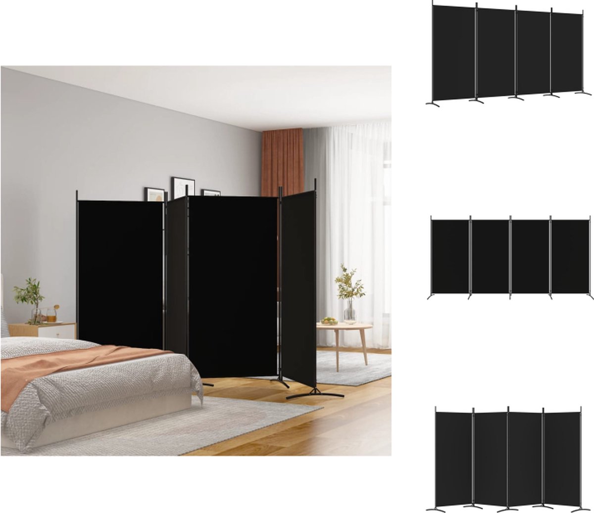 VidaXL Kamerscherm Zwart 4 Panelen 346 x 180 cm (B x H) Duurzaam materiaal Kamerscherm