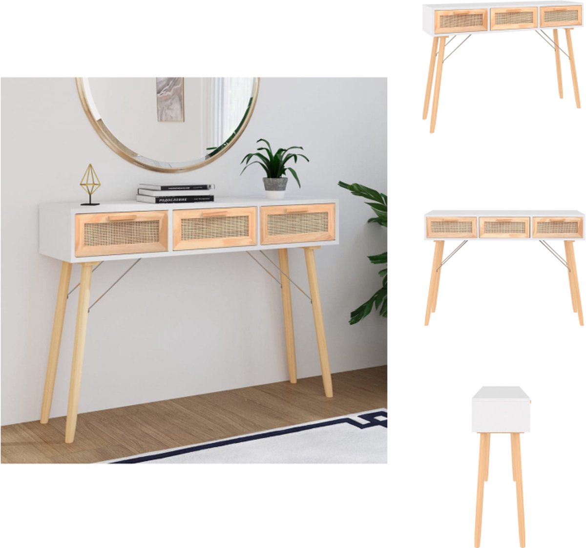 vidaXL Wandtafel - 105x30x75 - cm - massief - grenenhout - en - natuurlijk - rattan wit