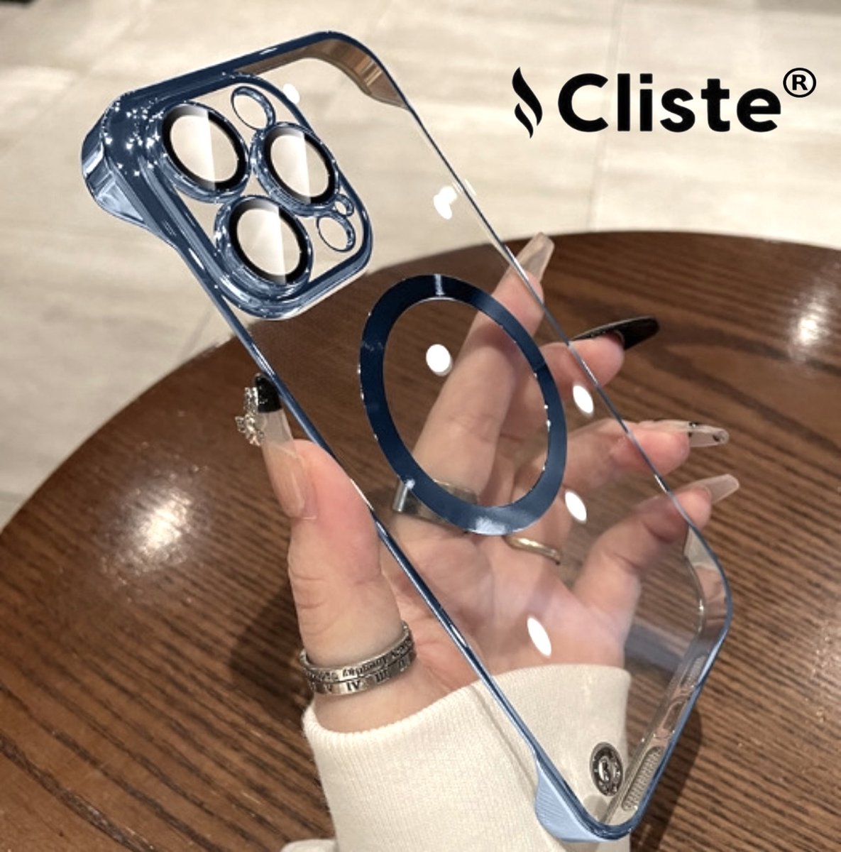 Cliste iPhone 15 Pro Max Kristal Magnetisch Hoesje Met Lensbeschermer Met Ring - Blauw - Magsafe - Magneet Case Met Ring iPhone 15 Pro Max transparant gekleurde rand - Luxe ontwerp - Nieuw
