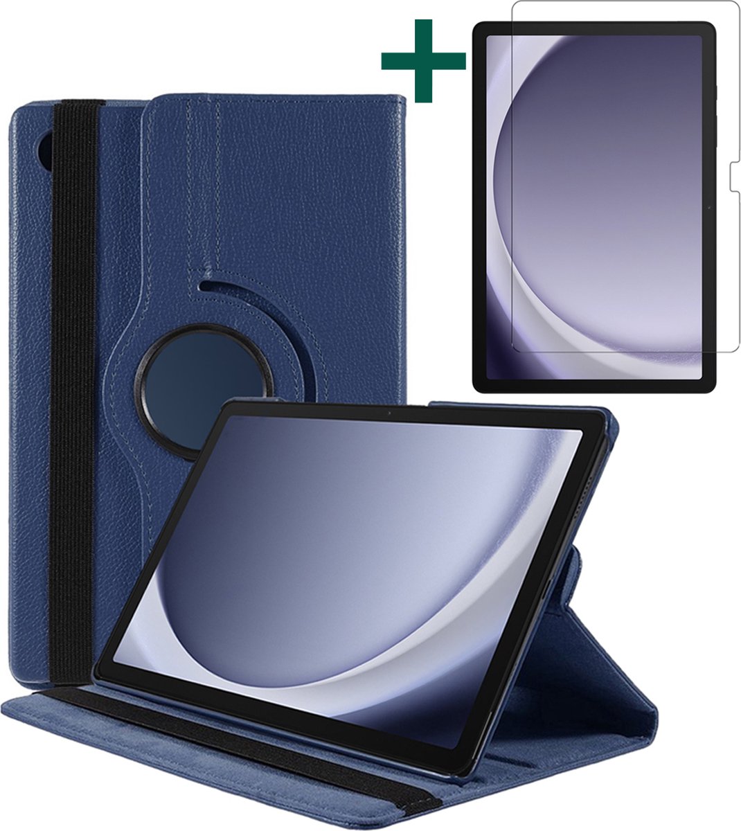 Hoes geschikt voor Samsung Galaxy Tab A9 - Arara draaibaar tablethoes & screenprotecotr gehard glas – Donkerblauw