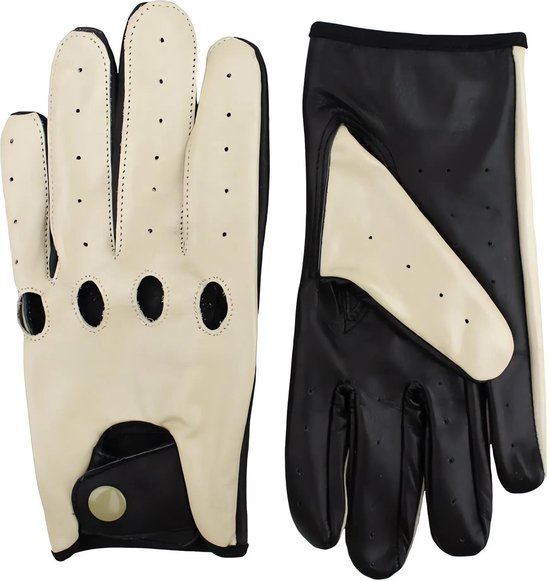 DriveLux™ Echt Lamsleren Autohandschoenen - Deep Onyx & Beige Leren Handschoenen- Dames & Heren Maat (S: 18,5 - 20,5 cm) - Ademend en Waterbestendig - Polished Leather