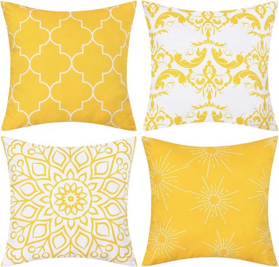 Set van 4 decoratieve kussenhoezen, voor buiten, sierkussensloop, patroon, kussenovertrek voor bank, kamer, polyester, 40 x 40 cm, geel