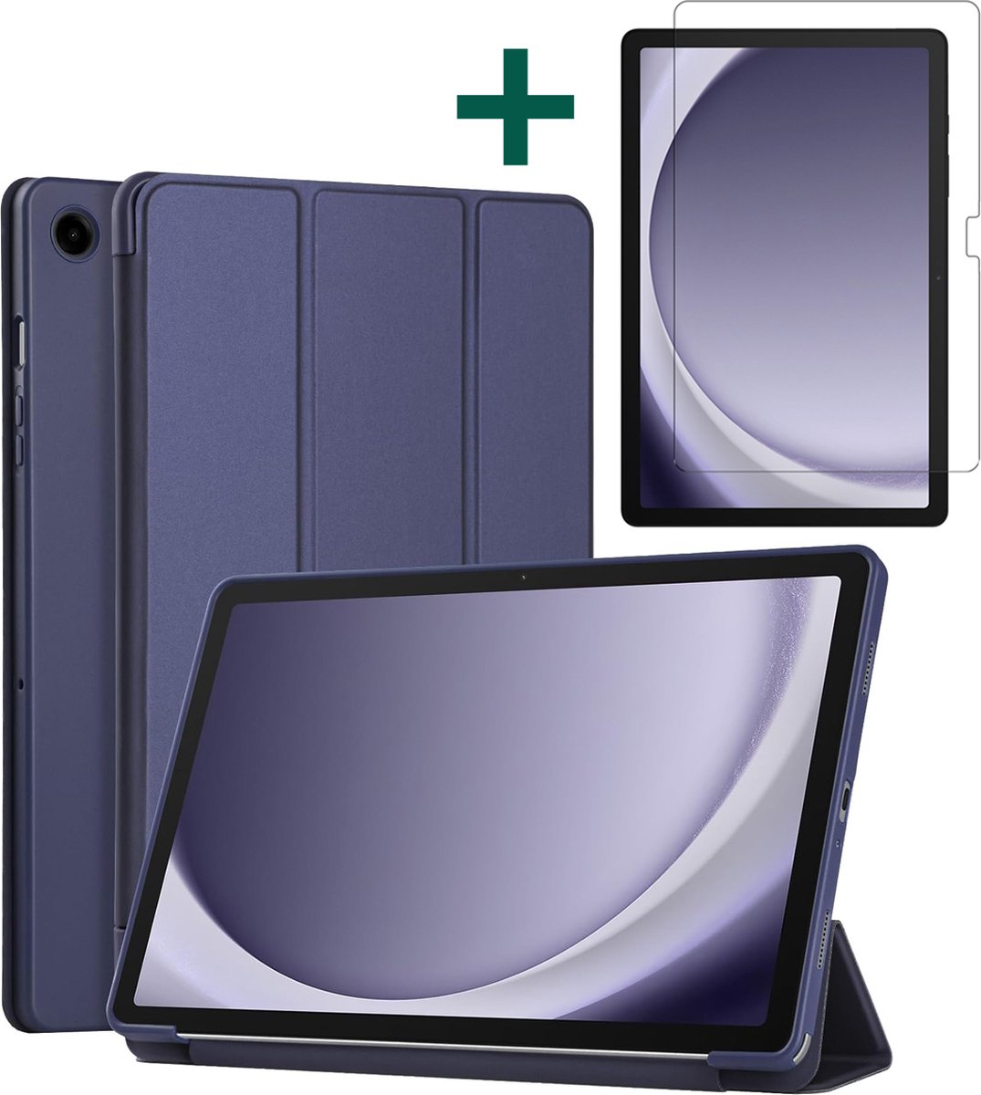 Hoes geschikt voor Samsung Galaxy Tab A9 - Arara Trifold Bookcase TabletHoes met screenprotector gehard glas - Donkerblauw