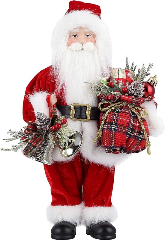 Figurine du Père Noël, Père Noël debout avec cadeau et cloches de Noël, décoration classique pour sapin de Noël, maison, restaurant, 30 cm