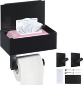 Toiletpapierhouder zonder boren, 3-in-1, zwart, met vochtige doekjes, doos, papierrolhouder, toiletpapier, wc-rolhouder voor badkamer, zelfklevend of boren