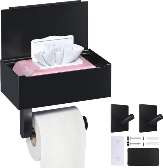 Toiletpapierhouder zonder boren, 3-in-1, zwart, met vochtige doekjes,  doos,... | bol