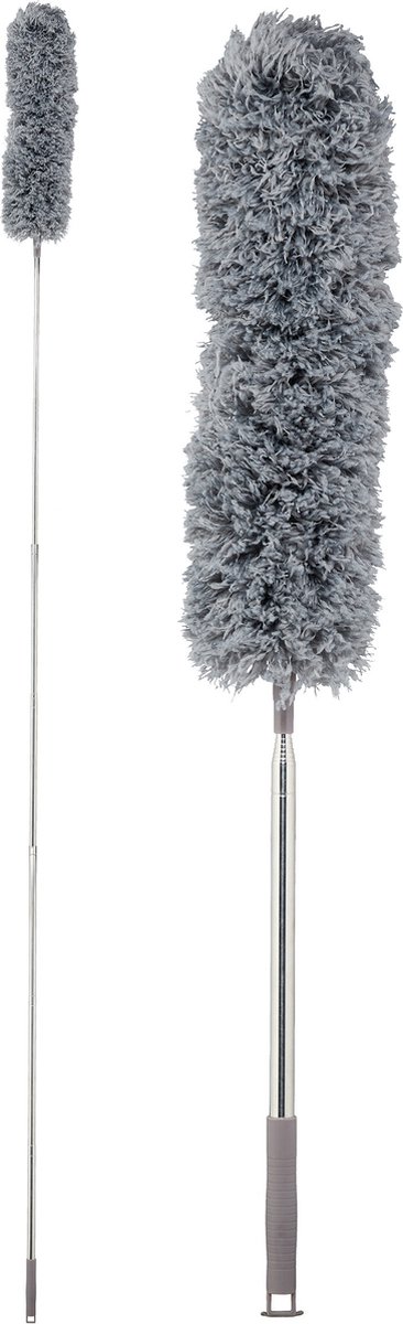 Goedkoopste plumeau - met telescoopsteel - uitschuifbaar tot 2,5 m - buigbaar - ragebol - grijs