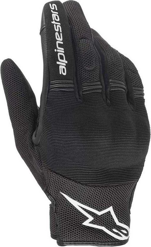 Zwarte Alpinestars motorhandschoen met wit logo op de pols en mesh stof.