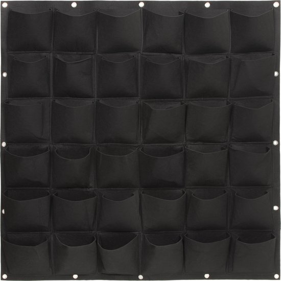 Zwarte verticale tuin met 36 vakjes, 100 x 100 cm.