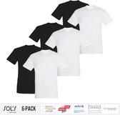 6 Pack Sol's Heren T-Shirt 100% biologisch katoen Ronde hals Zwart, Wit Maat S
