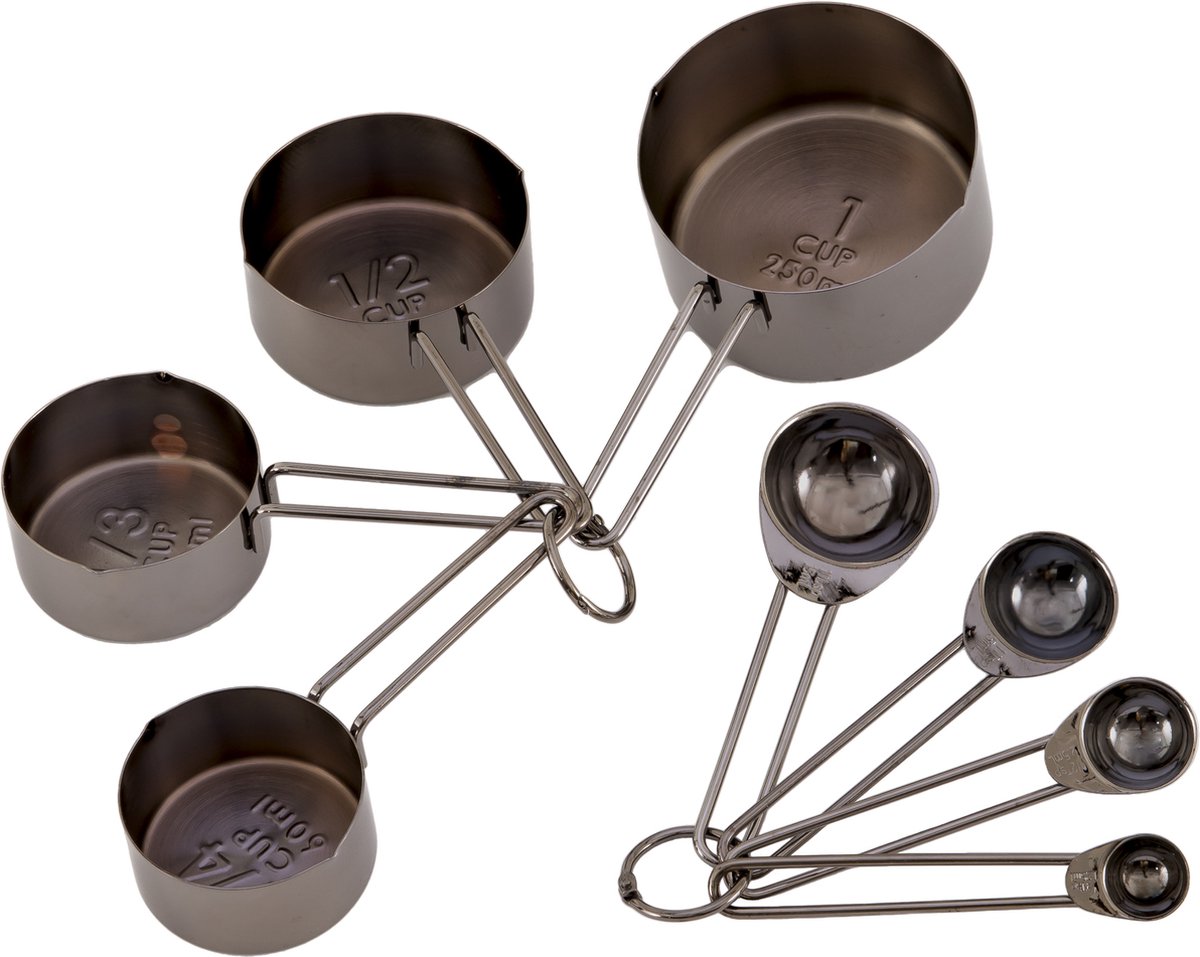 Krumble Maatcups en Lepels - Set van 8 - Maatcupjes - Maatlepels - Maatbekers - Maatschepjes - Cups - Spoons - Tablespoon - Teaspoon - RVS - 250 ml + 125 ml + 80 ml + 60 ml + 15 + 5 + 2,5 + 1,25 ml - Zwart