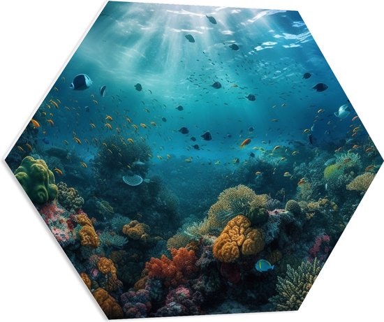 PVC Schuimplaat Hexagon - Oceaan - Zee - Dieren - Vissen - Koraal - Kleuren - 70x60.9 cm Foto op Hexagon (Met Ophangsysteem)