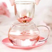 Theekopjes, paddenstoelvorm, koffiekopjes van glas met zeef, filter, theeei voor losse theeblaadjes, hittebestendig (roze, 290 ml)