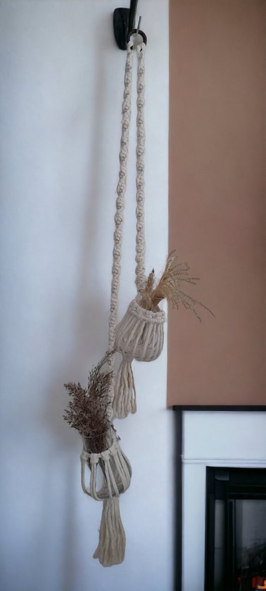 Cafuné - Macrame Pakket, DIY Plantenhanger voor 2 vaasjes, Ecru, 100cm, Macrame voor Beginners - DIY -Macrame Touw - Met Instructievideo - Complete set- Cadeau Idee - Plantenhanger maken