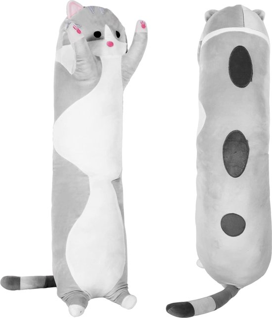 Foto: Klikkopers kawaii kussen lange kat knuffel xxxl 150 cm tot 155 cm kawaii knuffel grijs body pillow lichaamskussen zwangerschapskussen knuffel kat