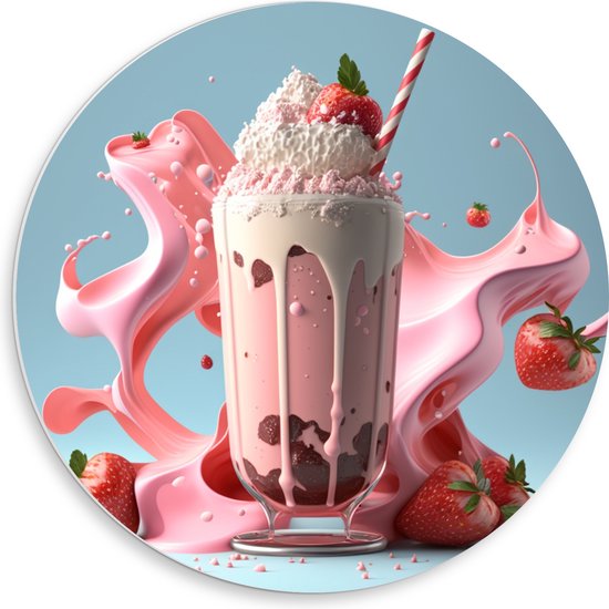 PVC Schuimplaat Muurcirkel - Milkshake - Aardbei - Chocola - Slagroom - Rietje - 50x50 cm Foto op Muurcirkel (met ophangsysteem)