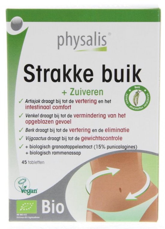 Doosje Physalis Strakke buik tabletten, met de tekst 'clean label', 'Vegan' en 'Bio'. Afbeelding van een buik met pijlen die de werking suggereren.