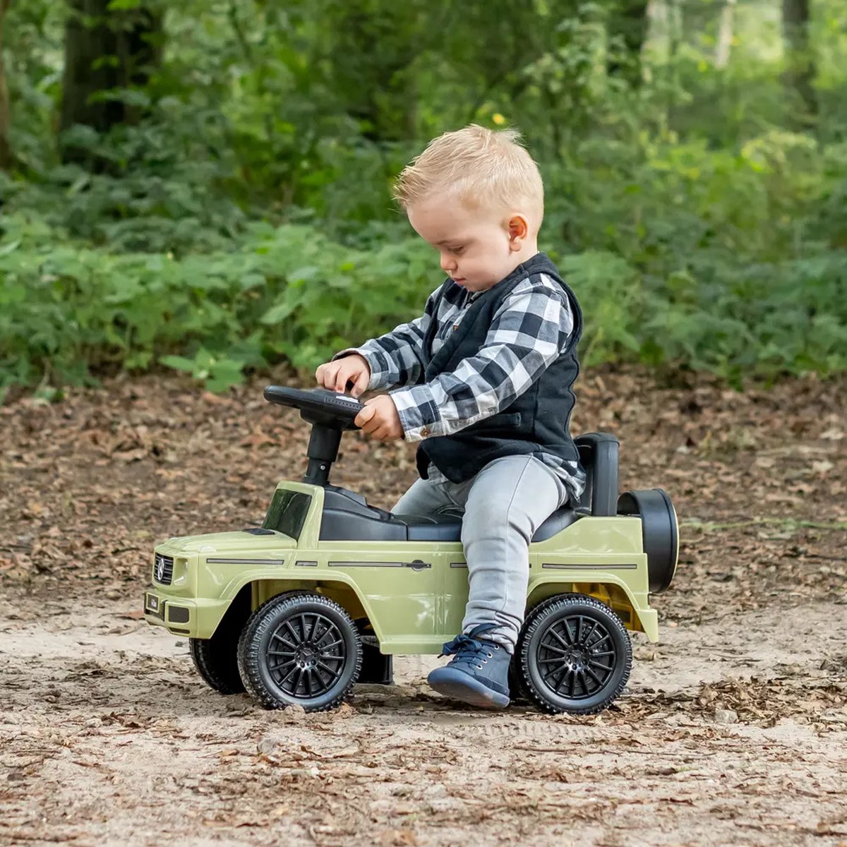 Bandits & Angels Loopauto Mercedes Benz G350D Retro Groen met Claxon vanaf 1 jaar voor Jongens en Meisjes - Stimuleert Motorische Vaardigheden - Loopwagen 24 cm - Groene Loop Auto — afbeelding 3