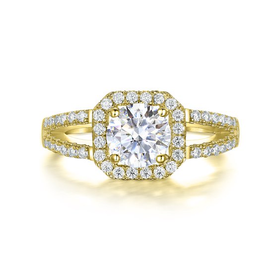 Evora - 14k Geelgouden Moissanite Ring met Split- 14k GeelgoudenShank in Halo Zetting.