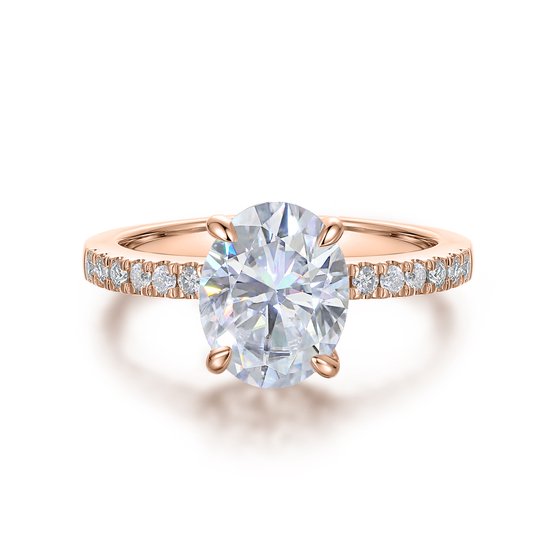 Nina - 14k Roségouden Ovaal Moissanite Ring met Pavé Zijstenen - 3 karaat