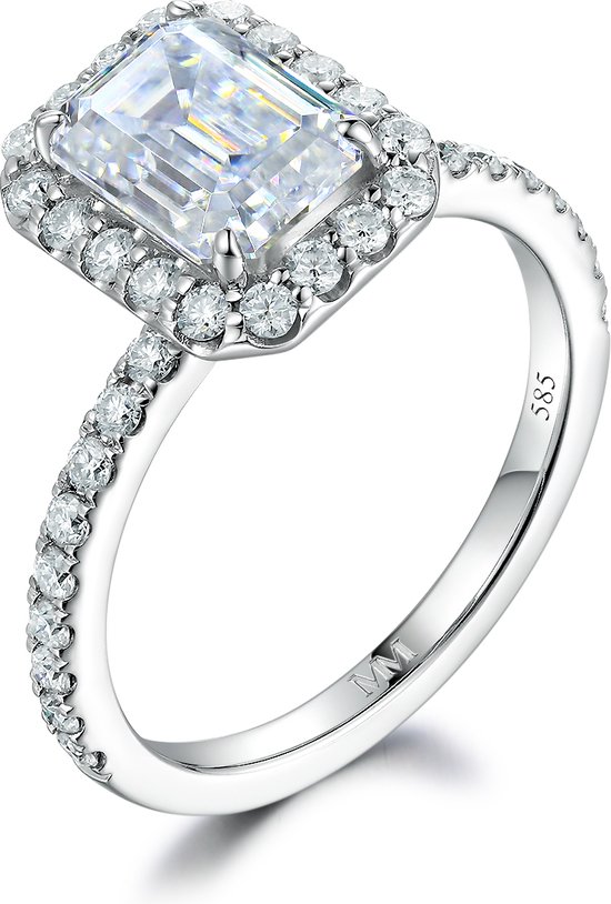 Esmeralda – Ring en moissanite taille émeraude sertie d'un halo – 2,5 carats.