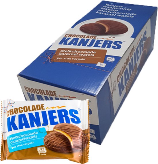 Doos en verpakking van Kanjers chocolade caramel wafels, met tekst 'CHOCOLADE KANJERS Melkchocolade karamel wafels'.