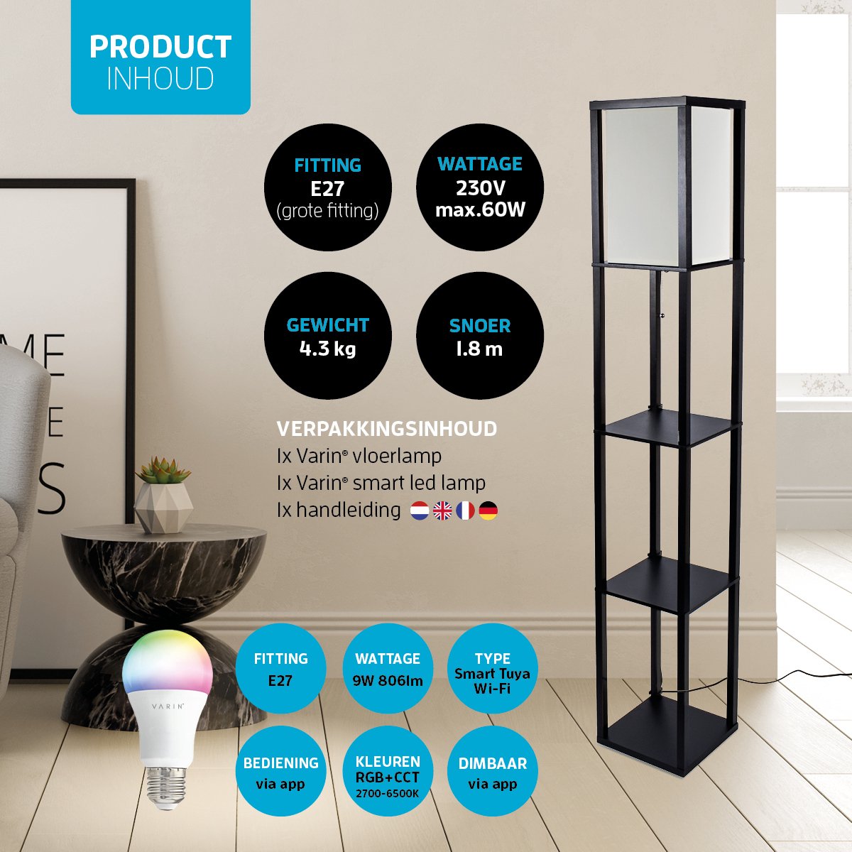 Varin Vloerlamp met vakken - Met E27 Led lamp thumbnail 5