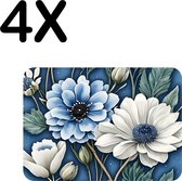 BWK Luxe Placemat - Kunstige Wit met Blauwe Bloemen - Set van 4 Placemats - 40x30 cm - 2 mm dik Vinyl - Anti Slip - Afneembaar
