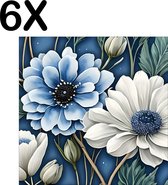BWK Textiele Placemat - Kunstige Wit met Blauwe Bloemen - Set van 6 Placemats - 40x40 cm - Polyester Stof - Afneembaar