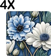 BWK Luxe Placemat - Kunstige Wit met Blauwe Bloemen - Set van 4 Placemats - 40x40 cm - 2 mm dik Vinyl - Anti Slip - Afneembaar