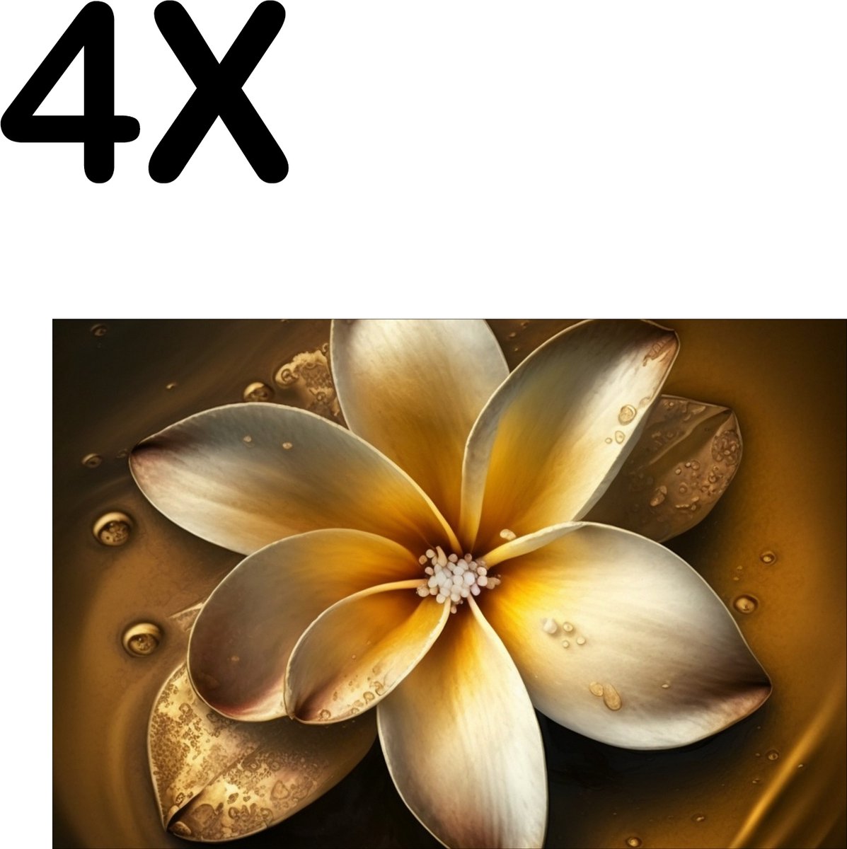 BWK Textiele Placemat - Prachtige Witte Bloem met Gouden Gloed - Set van 4 Placemats - 45x30 cm - Polyester Stof - Afneembaar
