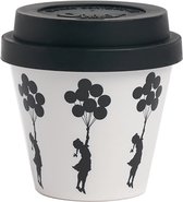 Quy Cup - 90ml Ecologische Espresso Reisbeker - De originele Banksy's Graffiti "Flying Balloons Girl" met zwart siliconen deksel 7x7x7cm