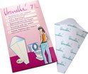 Verpakking met 7 Urinelle plasgootjes, met illustratie van een vrouw bij een toilet en losse plasgootjes.