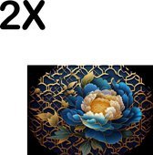 BWK Textiele Placemat - Blauw met Gouden Bloem - Kunstig - Set van 2 Placemats - 35x25 cm - Polyester Stof - Afneembaar