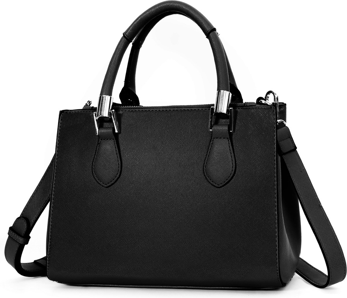 TAN.TOMI Dames Handtassen, Dames Schoudertas - Shopper met rits - Werktas - Schooltas - Zwart/S