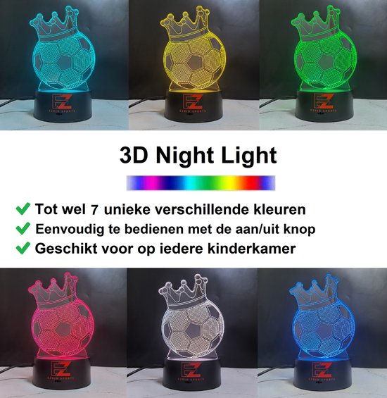Nachtlampje Kinderen - 3D Night Light - LED Lamp - 3D Lamp - Tafellamp Slaapkamer - Night Lamp - Nachtlichtje - Verjaardagscadeau - Voetbal - Soccer van EZRIO SPORTS — afbeelding 3